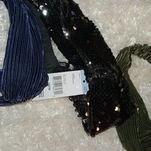 Three NWT Assorted Fabric Headbands - Olive, Blue and Black/Silver Sequins